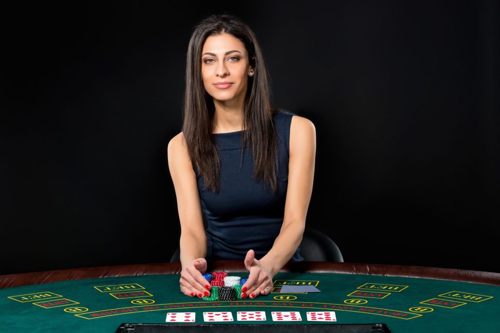 Sexy Woman With Poker Cards Chips Female Player Beautiful Black Dress